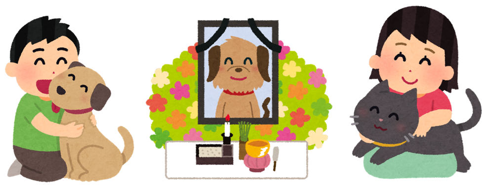 ペットの散骨イメージ(犬・猫と家族のイラスト)